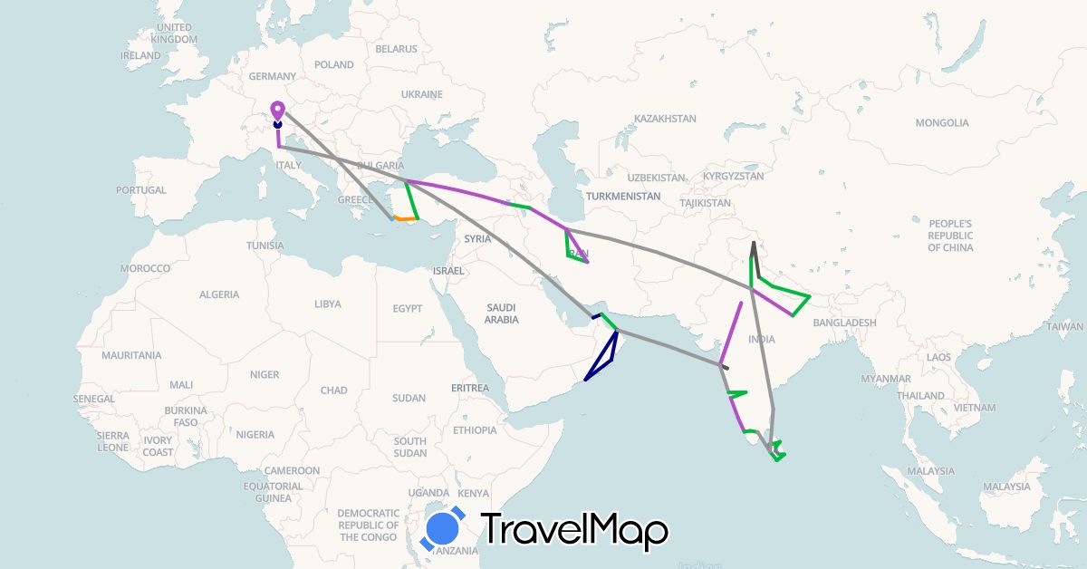 TravelMap itinerary: driving, bus, plane, train, boat, hitchhiking, motorbike in United Arab Emirates, Germany, Greece, India, Iran, Italy, Sri Lanka, Nepal, Oman, Turkey (Asia, Europe)
